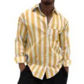 Men fashion yellow and white striped long sleeve button down shirt variant top option. - Yellow