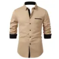 Men khaki contrast long sleeve casual dress shirt with black collar cuffs and pocket - S / Tops / Khaki And Black (C5STE-62)