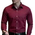 Men's solid long-sleeve dress shirt with chest pocket European size casual wear top - Burgundy