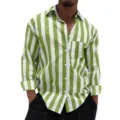 Men green white striped long sleeve shirt casual button down beach top apparel variant - Green