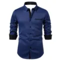 Men's long sleeve business casual contrast color lapel dress shirt in dark blue variant - S / Tops / Dark Blue And Black (C5STE-63)