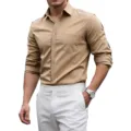 Men's long sleeve casual shirt in khaki with chest pocket and standard collar style. - Khaki