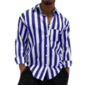 Men's blue and white striped long sleeve shirt with lapel collar and single chest pocket. - Blue