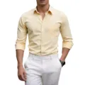 Men's casual solid long sleeve shirt with chest pocket European size stylish top - Milk Yellow