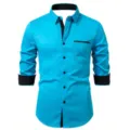 Men's long sleeve casual dress shirt in bright blue with black contrast collar and cuffs. - S / Tops / Bright Blue And Black (C5STE-64)