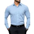 Men's light blue long sleeve dress shirt casual solid color button down with chest pocket. - Light Blue