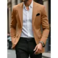 Detailed view of slim fit single-breasted brown suit jacket with pocket square for formal wear. - S / Tops / Brown