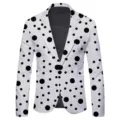 Detailed view of men's white blazer featuring stylish black polka dot print and button. - S / Tops / White with Black Irregular Dots