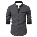 Men's long sleeve slim fit business casual contrast color shirt in dark gray style. - S / Tops / Dark Gray And Black (C5STE-65)