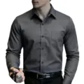 Men's casual solid color long sleeve shirt with pocket, comfortable business wear. - Dark Gray
