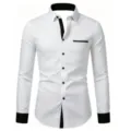 Men's casual long sleeve dress shirt with contrast black collar cuffs slim fit top for spring. - S / Tops / White And Black (C5STE-69)