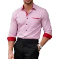 Mens long sleeve contrast dress shirt slim fit casual button down shirt for men office wear - S / Tops / Pink And Red (C5STE-70)