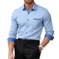 Men's long sleeve contrast dress shirt, business casual slim fit button down top for spring. - S / Tops / Pink And Black (C5STE-71)