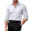 Men's Contrast Long Sleeve Dress Shirt Casual Slim Fit White with Khaki Trim Details - S / Tops / White and Khaki Patchwork (C5STE-72)