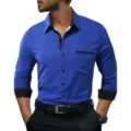 Men's Long Sleeve Color Block Dress Shirt Slim Fit Casual Business Button Down Shirt with Pocket - S / Tops / Royal Blue and Black Patchwork (C5STE-73)