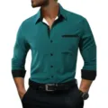 Men colorblock slim fit long sleeve dress shirt with contrast collar and cuffs variant. - S / Tops / Dark Green and Black Patchwork (C5STE-74)