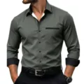 Men's contrast color long sleeve business casual slim fit shirt with pocket in dark green. - S / Tops / Dark Green Patchwork (C5STE-75)