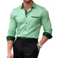 Men's light green long sleeve contrast trim shirt, slim fit casual men dress top. - S / Tops / Light Green Patchwork (C5STE-76)
