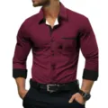 Men's Slim Fit Long Sleeve Color Block Dress Shirt Burgundy Casual Business Spring Wear - S / Tops / Jujube Red Patchwork (C5STE-77)
