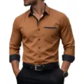 Men's Long-Sleeve Business Casual Shirt Brown Color-Block Slim Fit Lapel Top Spring - S / Tops / Brown and Black (C5STE-78)