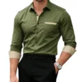 Men's green long-sleeve contrast shirt with beige details, slim fit casual button-down top. - S / Tops / Army Green And Beige (C5STE-80)