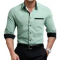 Men long sleeve dress shirt light green contrast color slim fit casual business top new - S / Tops / Light Green And Black (C5STE-81)