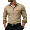Men's Long Sleeve Dress Shirt Khaki Contrast Color Slim Fit Casual Button Down Shirt - S / Tops / Khaki and Brown (C5STE-82)