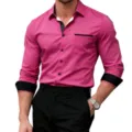 Men's long sleeve contrast dress shirt, slim fit casual button down shirt with black cuffs. - S / Tops / Pink and Black (C5STE-83)