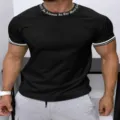 Men's casual black short sleeve t-shirt with collar print and striped cuff details. - XXS / Tops / Black Webbing Printed Style (OFSCL-23651628)