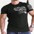 Close-up detail of black men t-shirt with cool white eagle wing print and graphic style. - XXS / Tops / Black Eagle Wing Printed Style (OFSCL-23651629)