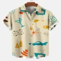 Dettaglio camicia hawaiana rétro con stampa atomica da uomo, top mare estivo casual vista. - Taglia S / Top / Stampa Artistica Vintage