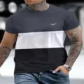 Detailed view of the men's colorblock short sleeve t-shirt featuring a trendy striped design. - XXS / Tops / Black White Gray Color Block Bird Printed Style (OFSCL-23651632)