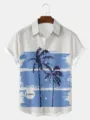 Camicia hawaiana casual a maniche corte da uomo con stampa di palme blu per le vacanze estive. - Stampa Palma di Cocco Blu e Bianca