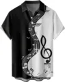 Herren Kurzarm Hemd schwarz weiss Noten Muster Detail Ansicht Sommerbekleidung. - S / Oberteile / Schwarz-Weißes Noten-Patchwork