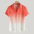 Dettaglio camicia maniche corte sfumata, arancione al bianco, design revers casual. - Sfumato Arancione e Bianco (CS-2006)