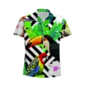 Close-up detail of tropical toucan and colorful floral print on short sleeve shirt fabric. - 3XL / Tops / Tropical Rainforest Floral Bird (DCS-A2)