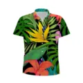 Tropical floral print detail of men's short sleeve shirt, vibrant botanical pattern close up. - Black Colorful Plant Floral (DCS-A3)