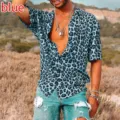 Men's blue leopard print short sleeve shirt detail, casual summer fashion apparel. - S / Tops / Blue (CSDX-42-4)