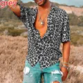 Men grey leopard print short sleeve shirt casual lapel single breasted summer top fashion - S / Tops / Gray (CSDX-42-3)