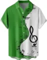 Herren Kurzarm Hemd mit Knöpfen und stilvollem grün-weißem Musiknoten Grafikprint für Sommer. - S / Oberteile / Grün-Weißes Noten-Patchwork