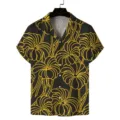 Detailansicht des modischen Herren Kurzarm Hawaiihemdes mit schwarzem und gelbem Print. - Rx-cs-470-20 / S