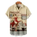Detailed view of men's vintage retro casual short sleeve shirt with classic American graphic print. - S / Tops / HJ-DL022