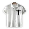 Men's short-sleeve button-down shirt featuring a bold black crucifix graphic print design. - S / Jesus Cross Pattern (A-8)