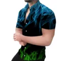 Detailed view of short sleeve shirt with striking blue and green 3d flame print design. - Blue Green Flame