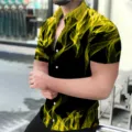 Men's 3D Flame Print Short Sleeve Hawaiian Shirt Casual Summer Button-Down Top Plus Size - Yellow Flame Smoke