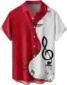 Camisa manga corta estampado notas musicales hombre detalle, parte superior playa. - S / Tops / Patchwork de Notas en Rojo y Blanco