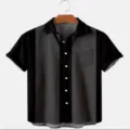 Chemise homme manches courtes ete decontractee rayee bloc de couleur col revers - 5XL / Style Rayure Color Block Noir Gris (CSDX-96)