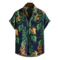 Herren Kurzarm Hawaiihemd lässig tropischer Blätterdruck Sommer Sommerhemd Oberteil - 3XL / Oberteile / Dunkelblau