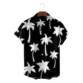 Men's summer loose short sleeve palm tree Hawaiian shirt detail view, casual black top. - S / Tops / Black and White Minimalist Coconut Tree (CSZW-1004)
