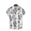 Close-up detail of the men's casual short sleeve Hawaiian shirt featuring black botanical leaf print. - S / Tops / CSZW-2003
